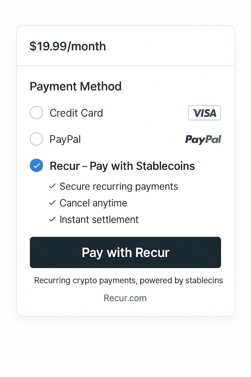 Checkout module showing 'Pay with Recur' as a recurring stablecoin payment option
